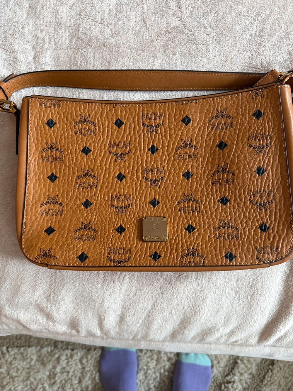 MCM Cognac Visetos Monogram Shoulder Bag with Gold Plate